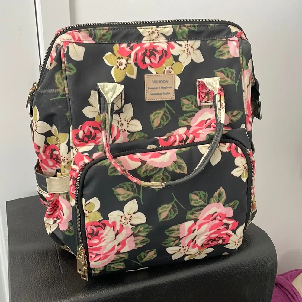 Floral Convertible Backpack Tote - Black with Pink Roses